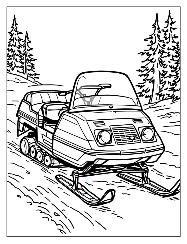 Drawing of a simple, older-model vintage snowmobile from the 1970s, with a more classic, boxy design.