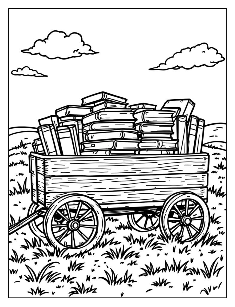 A wagon filled with many different books.