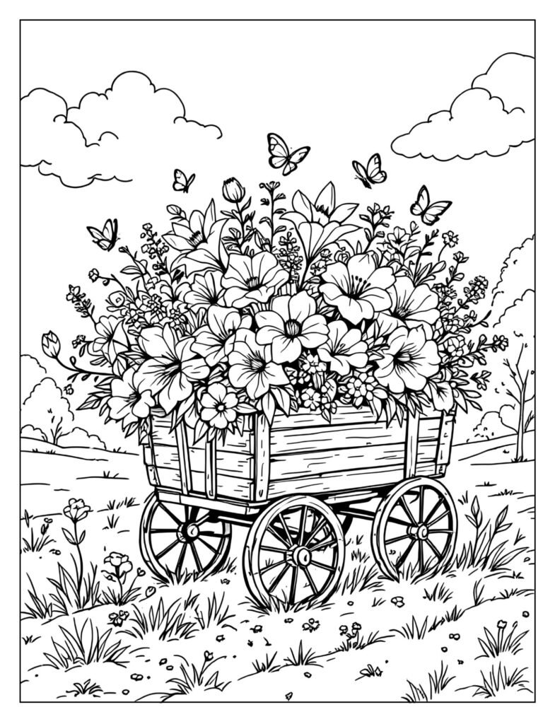 A wagon filled with a bouquet of flowers.