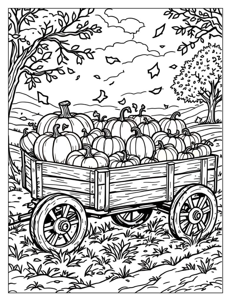 A wagon filled with pumpkins and gourds.