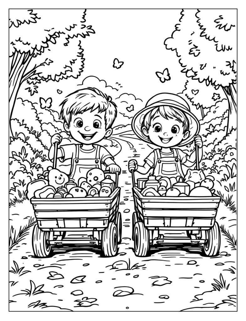 Two wagons with children pulling them in a race.