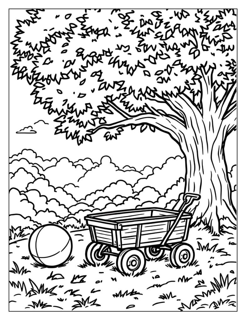 A wagon parked near a tree in a park.