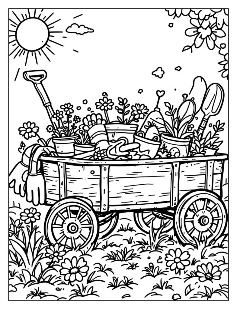 A wagon in a garden with gardening tools and plants.