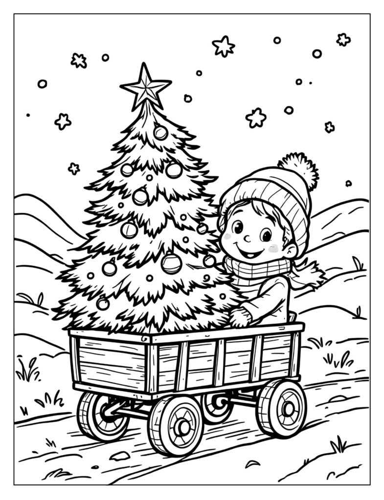 A wagon with a small Christmas tree being pulled by a child.