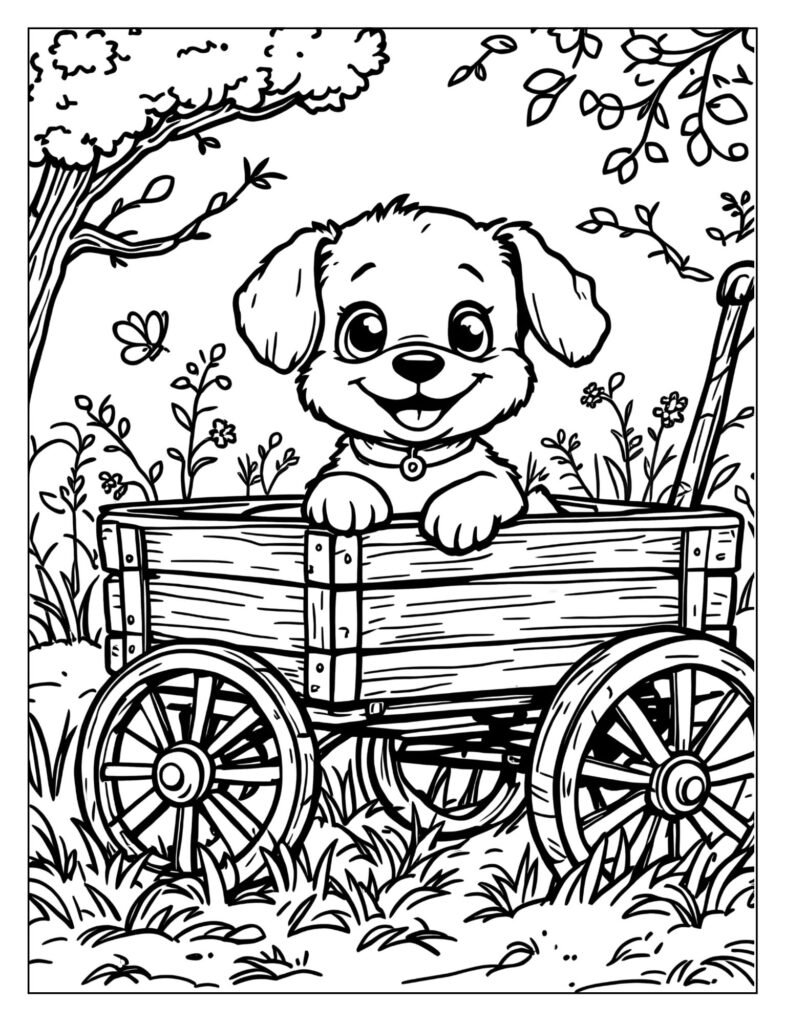 A wagon with a small, happy dog sitting inside.