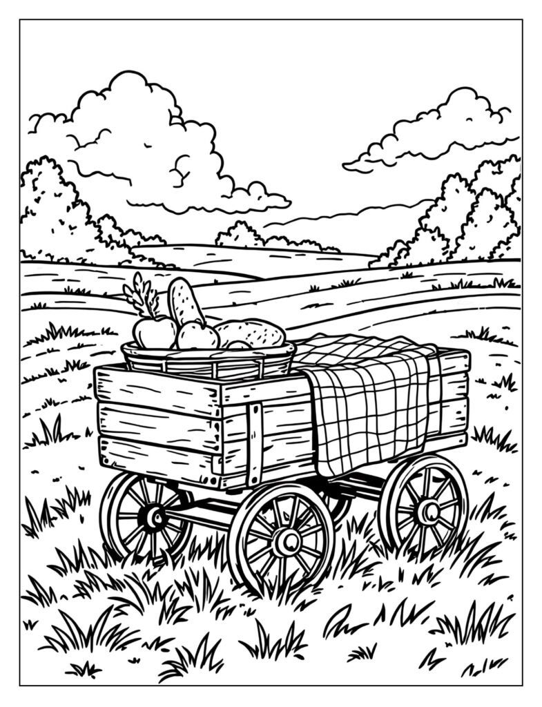 A wagon with a picnic basket and a checkered blanket.
