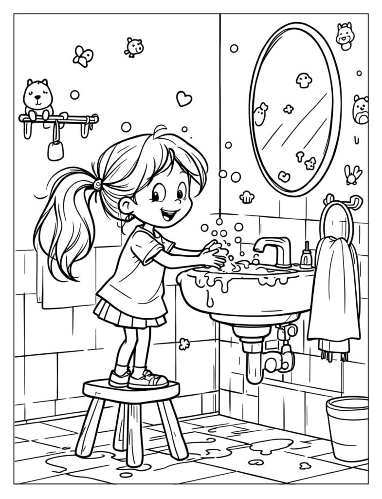 A child enthusiastically washing their hands with soap and bubbles.