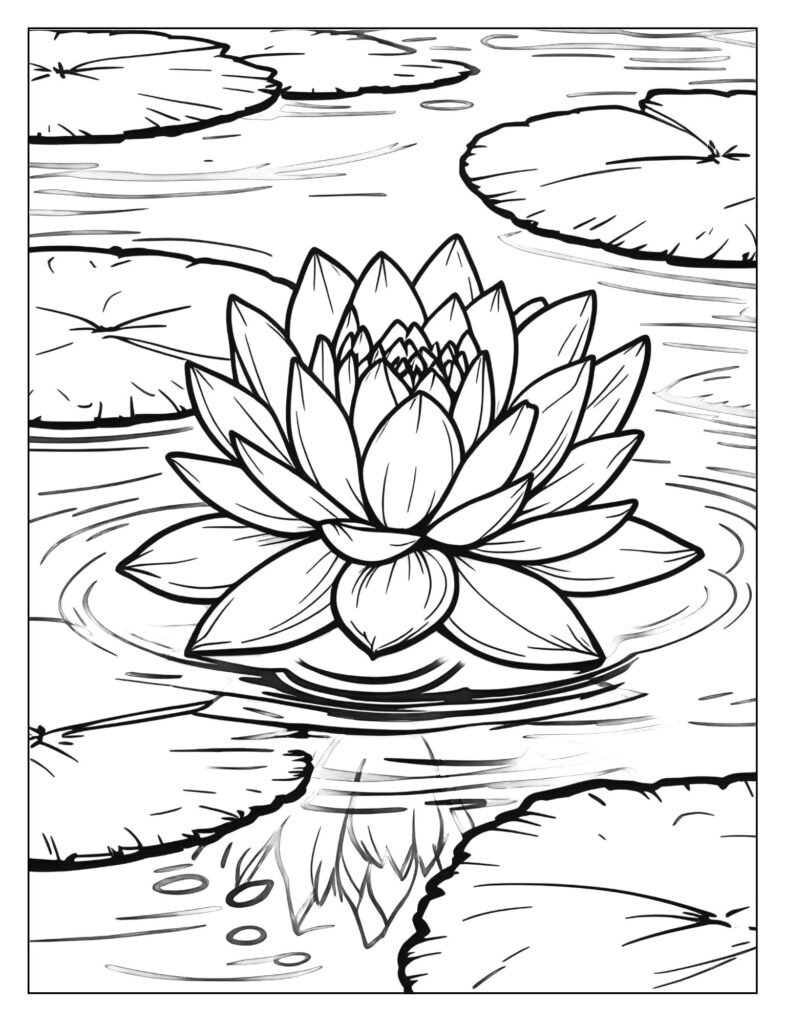 Peaceful drawing of a beautiful, open Water Lily floating on the surface of the water with large round pads.
