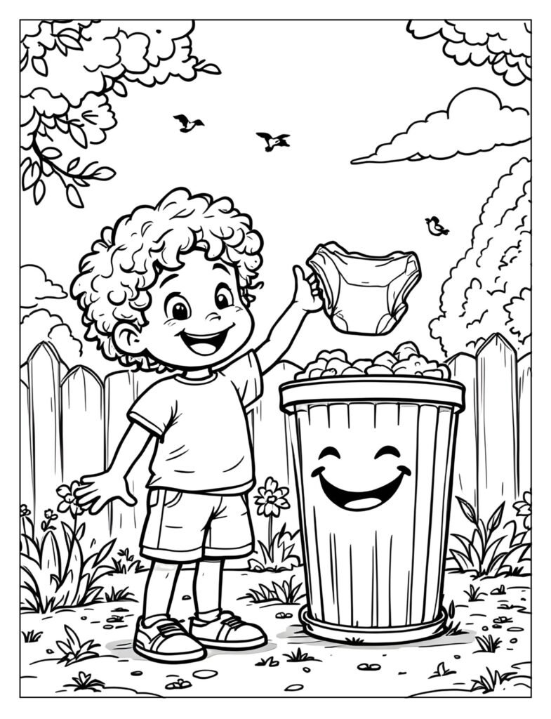 A child throwing a diaper in the trash and waving goodbye.