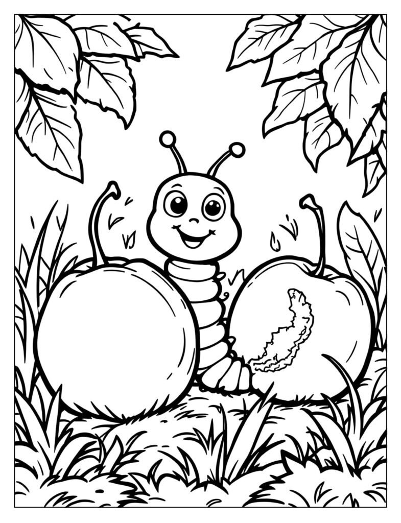 The hungry caterpillar eating through three purple plums.