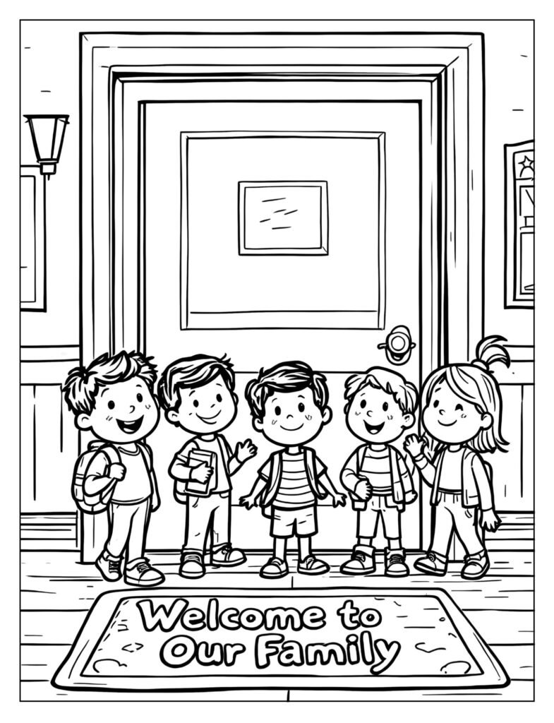 Students walking through a classroom door with a "Welcome to Our Family" mat.