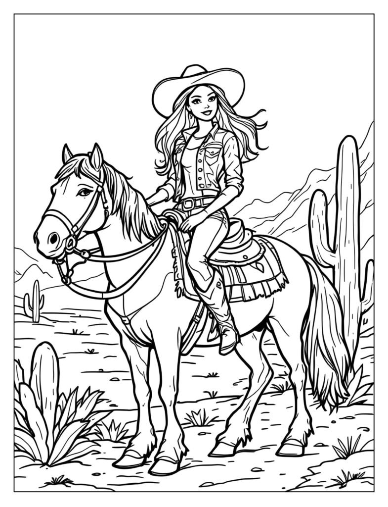 Barbie wearing a wide-brimmed cowboy hat and denim, sitting on a horse with a Western saddle.