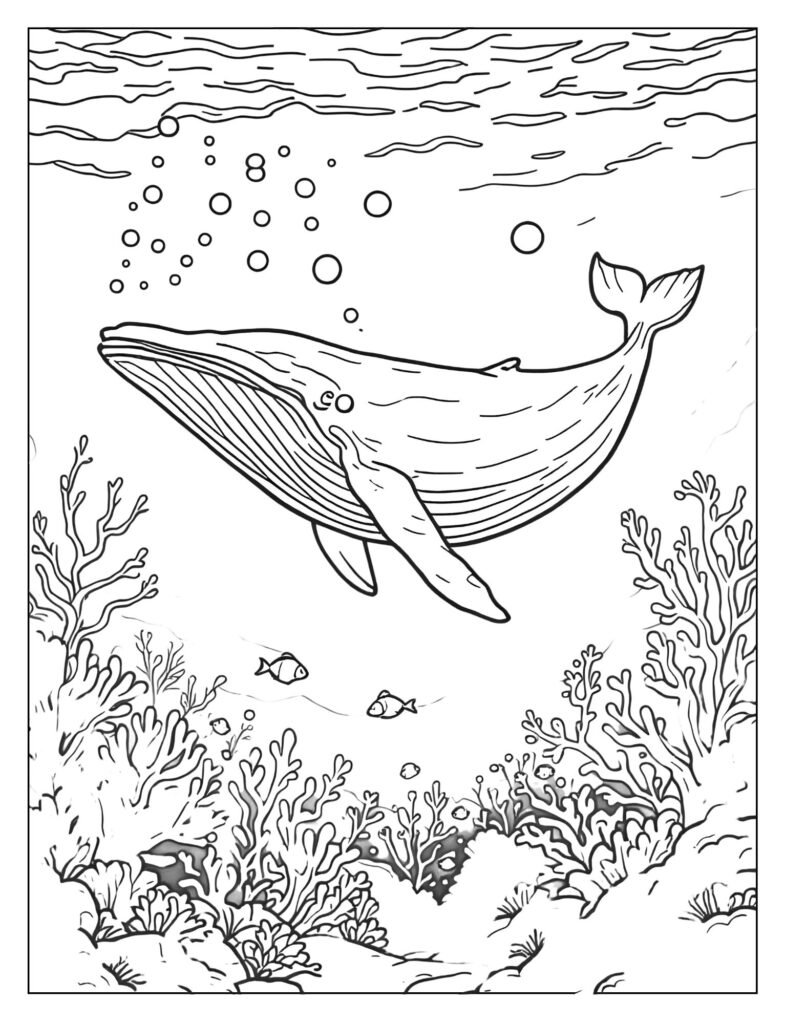 A humpback whale in a peaceful underwater scene with a long, spiraling stream of song bubbles coming from its mouth.