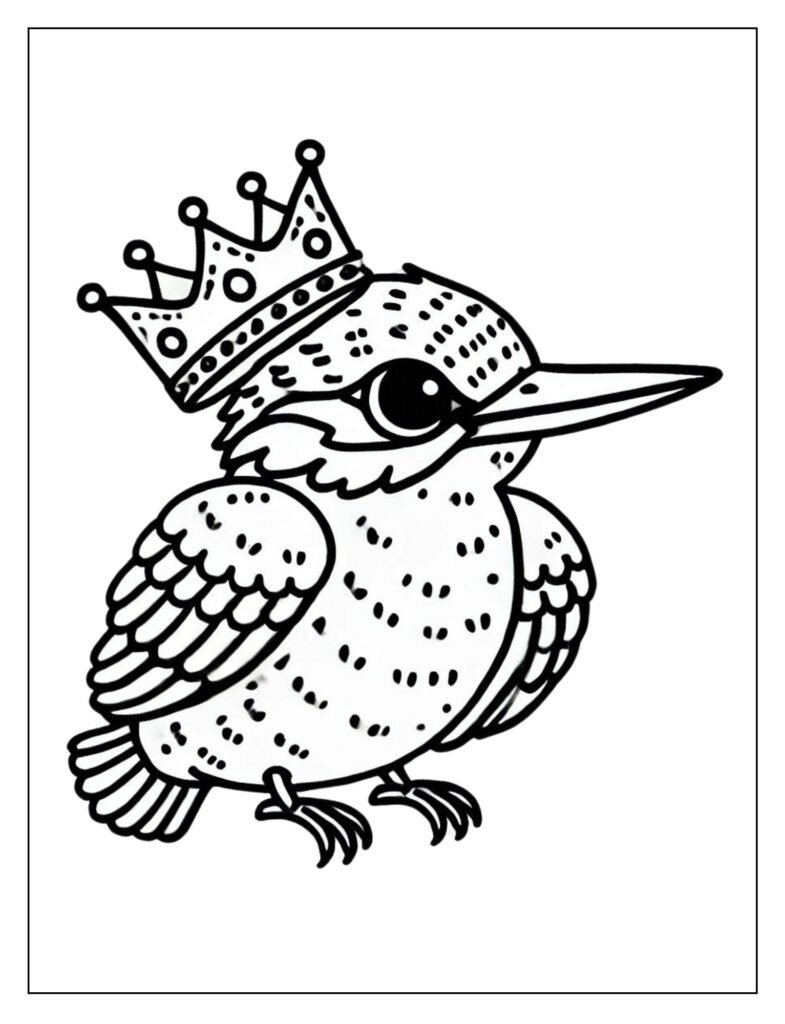 An illustrated or digitally altered image of a kingfisher bird wearing a crown, adding a touch of fantasy.
