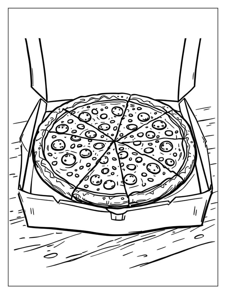A full, round pepperoni pizza in a cardboard box with all eight slices visible.
