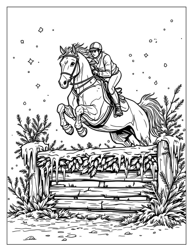 A horse and rider gracefully jumping over a low show jump decorated with pine boughs and icicles.
