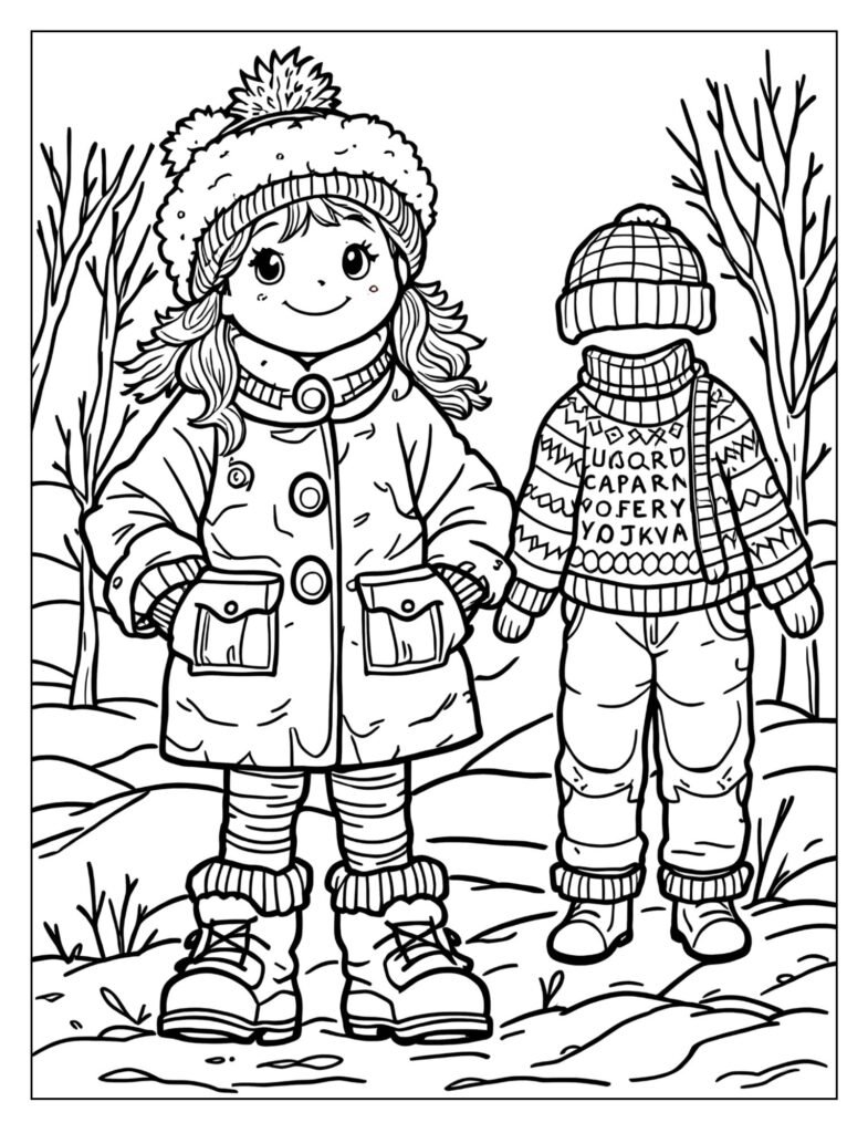 A paper doll with a winter coat and boots.