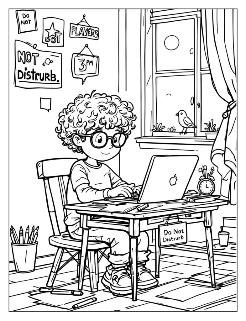 A person working at a desk with a "Do Not Disturb" sign.