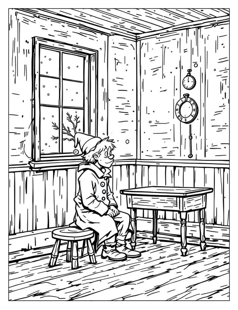 Lonely, small Young Scrooge sitting alone in a desolate, empty schoolroom.
